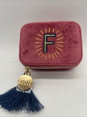 Oliver Bonas Sol Velvet Trinket Box w/ zipper Mauve with Tassel & gold Logo NWOT